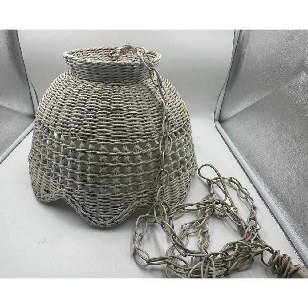 Vintage Mid Century White Wicker Hanging Swag Light 17 inch Diameter